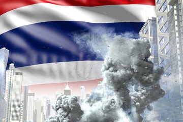 huge smoke pillar in the modern city - concept of industrial catastrophe or act of terror on Thailand flag background, industrial 3D illustration