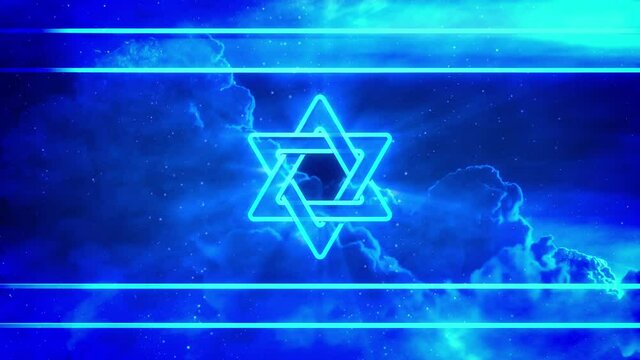 lighting Israel flag with david star on clouds background