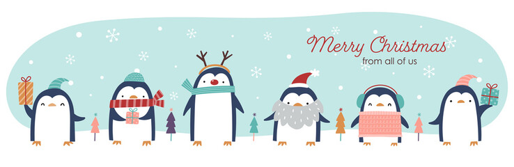 Funny and cute penguin characters celebrating winter holidays. Flat cartoon style vector illustration. - obrazy, fototapety, plakaty