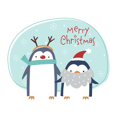 Cute and whimsical little penguins in Santa and reindeer costumes. Winter holiday greeting card design with funny penguin characters.