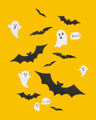Flat lay Halloween background with decorative ghost, bats on orange backdrop.