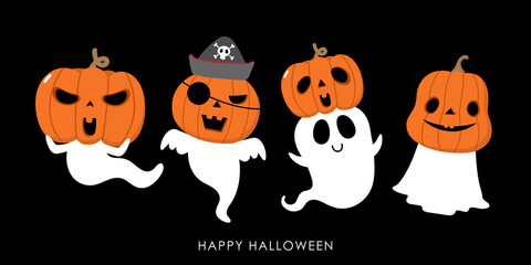 Happy Halloween with cute spooky ghosts and scary pumpkin . Holidays cartoon character.