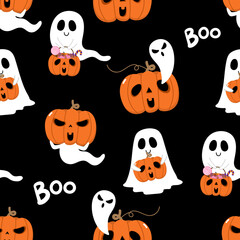 Happy Halloween wallpaper with cute spooky ghosts and scary pumpkin seamless pattern . Holidays cartoon character background.