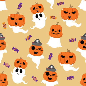 Happy Halloween wallpaper with cute spooky ghosts and scary pumpkin seamless pattern . Holidays cartoon character background.