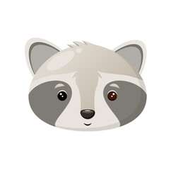 The head of a cute raccoon on a white background. Children's illustration of animals.