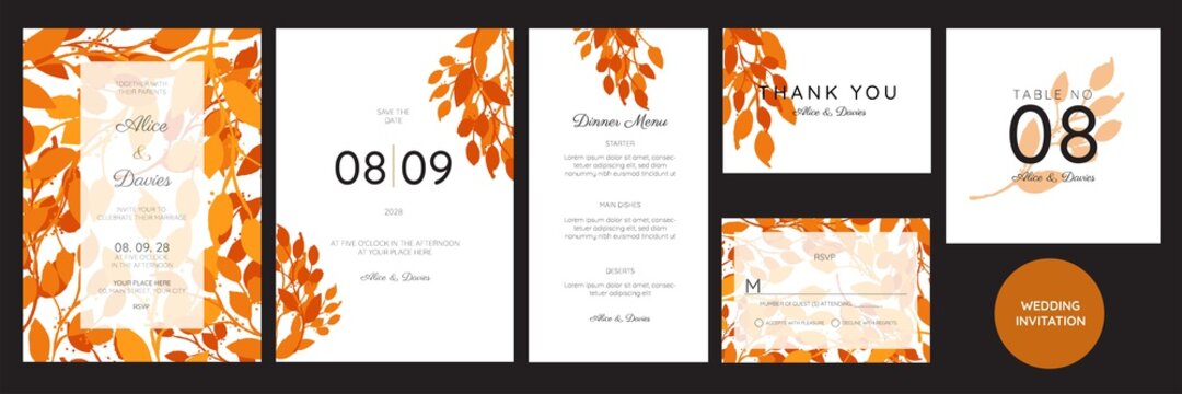 Set of Wedding Invitation, floral invite, thank you, rsvp rustic card design with gold foil decoration. Vector elegant modern template, trendy cover, graphic poster, retro brochure, design template	
