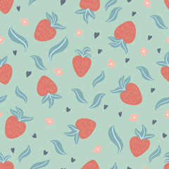Cute seamless pattern with hand drawn strawberries, leaves, flowers, hearts in simple, childish, Scandinavian style on light blue backdrop. Vector background design, textile, wrapping paper.