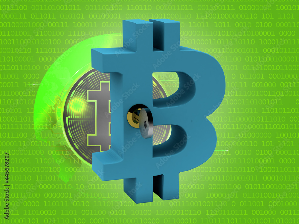 Poster 3d rendering bitcoin sign with lock and key