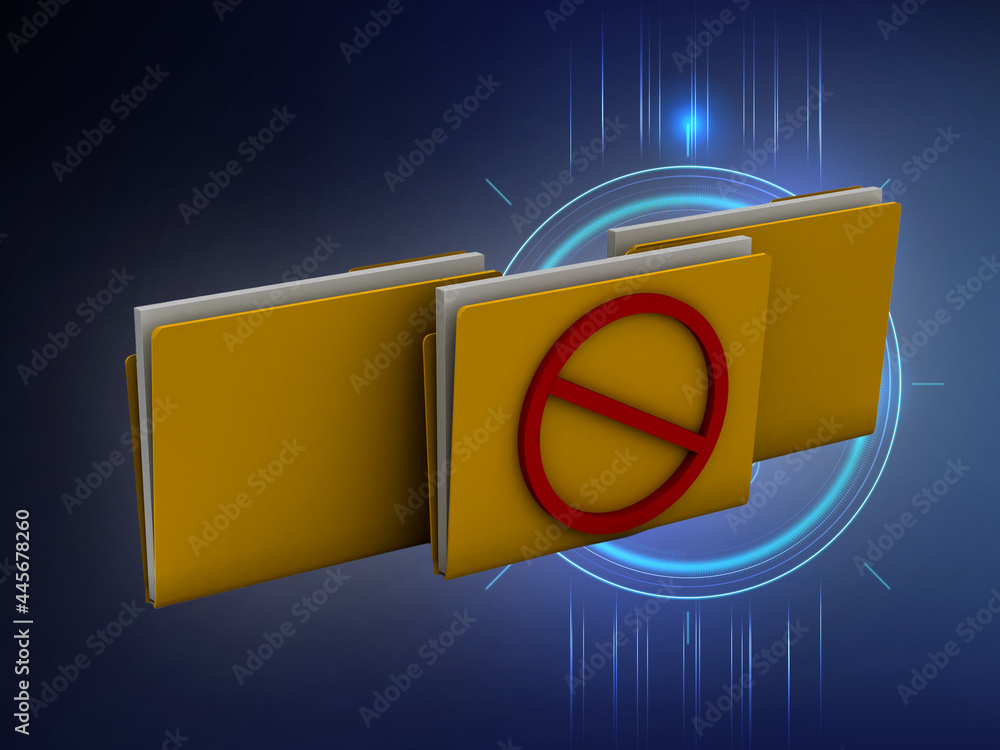 Poster 3d rendering red stop symbol and yellow folder