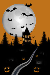 Halloween night house on the hill. Cemetery and smiling pumpkins. Vector illustration.