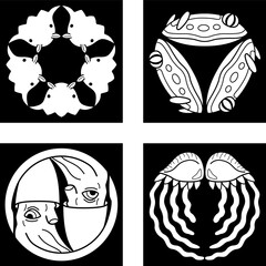 家紋風アイコン　海の生き物　ダイオウイカ　ウミウシ