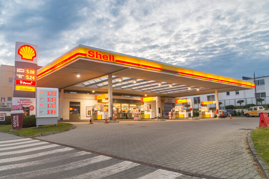 Zgorzelec, Poland - June 2, 2021: Shell gas station during sunrise. Royal Dutch Shell plc, commonly known as Shell, is a British-Dutch multinational oil and gas company.