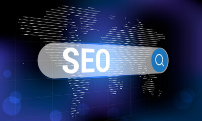 Search engine optimization seo bar internet with world map and blur lens flare social media vector background illustration