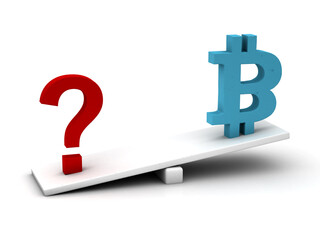 3d illustration of question mark and bitcoin scale board