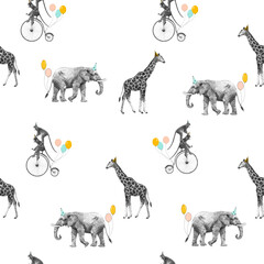 Beautiful vector seamless pattern with safari animal birthday party. Monkey on bike giraffe and elephant with baloons,