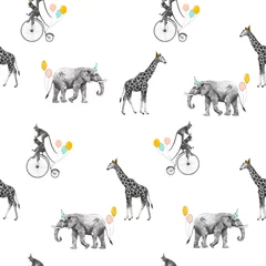 Foto op Plexiglas anti-reflex Afrikaanse dieren Prachtige vector naadloze patroon met safari dieren verjaardagsfeestje. Aap op fiets giraf en olifant met ballonnen,