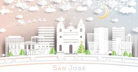 San Jose Costa Rica City Skyline in Paper Cut Style with Snowflakes, Moon and Neon Garland.