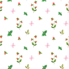 Seamless watercolor pattern with a little strawberrie, little hydrangea flowers and mint are good for print at clothes,decor and scrapbooking paper