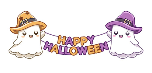Ghosts with Happy Halloween sign vector illustration clipart. Halloween trick or treat costume party card invitation print, product print, sticker design element