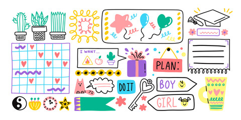 Diary journal school cartoon bullet stickers. Memo stickers. 