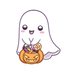 Cute happy ghost carrying a pumpkin bucket full of candy vector illustration. Halloween, Trick or treat party card invitation print, product print, sticker design clipart element