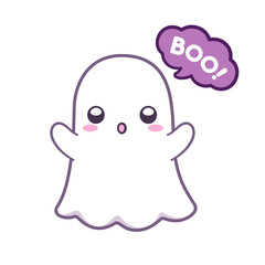 Cute ghost saying BOO! Halloween ghost clipart cartoon element vector illustration. Halloween party card invitation print, shirt or product print, sticker design