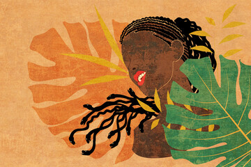 Black skin female with snake hair and tropical leaves grunge