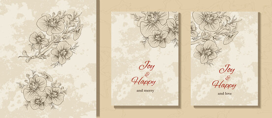 a set of art  backgrounds, a postcard, a banner with text. hand-drawn branches, orchid flowers in a minimalist style. a modern background for holidays, print, your ideas. vintage style. vector