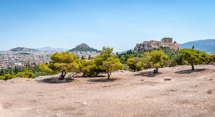 View of the Athens skyline from the Pnyx, the historic hill in the capital of Greece. The Acropolis...