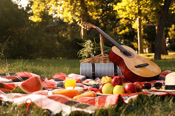 Picnic basket, guitar, food and drinks on plaid in summer park