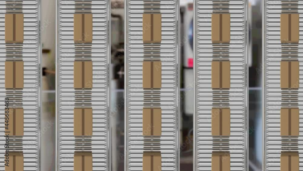 Poster digital animation of overhead view of multiple delivery boxes on conveyor belt