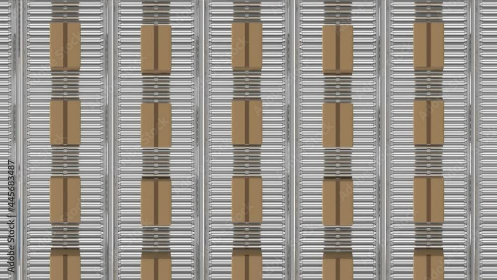 Poster digital animation of overhead view of multiple delivery boxes on conveyor belt