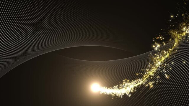 Animation of sparkling gold firework over white parallel curved lines, moving on black