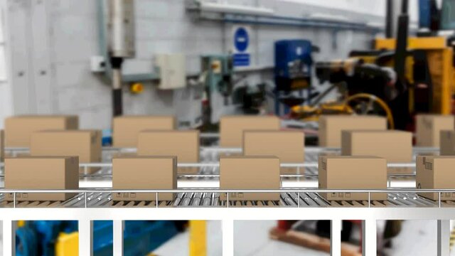 Multiple delivery boxes on conveyor belt against factory in background