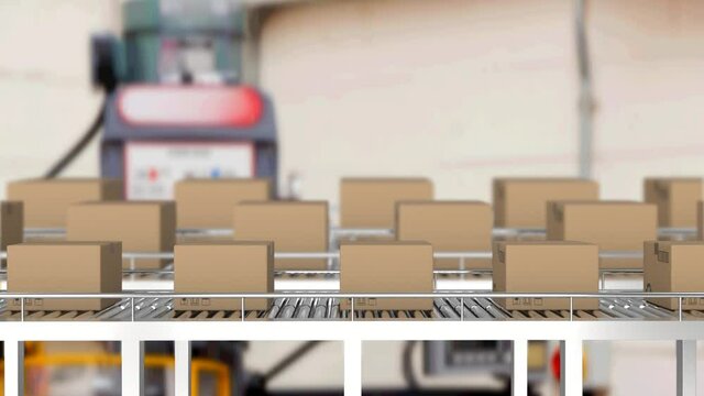 Multiple delivery boxes on conveyor belt against factory in background