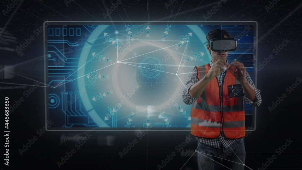 Poster animation of network of connections and data processing on screen over engineer wearing vr headset