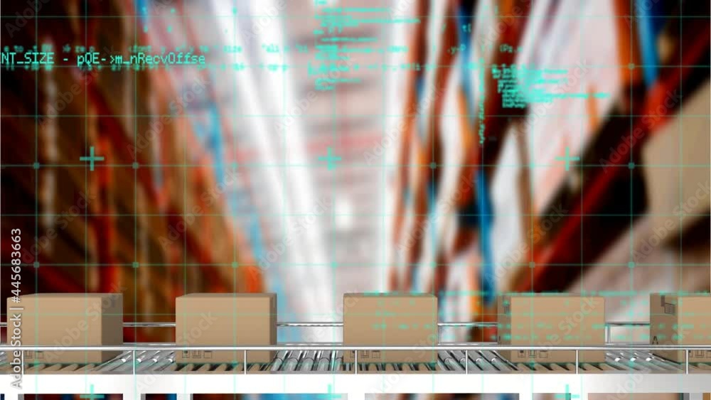 Poster animation of data processing over cardboard boxes on conveyor belt in warehouse