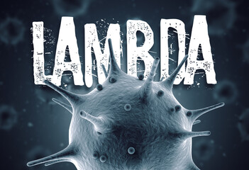 Coronavirus lambda mutation 3d render concept: Macro coronavirus cell and lambda text in front of blurry virus cells floating on air. South Africa variant of mutated corona virus. - obrazy, fototapety, plakaty
