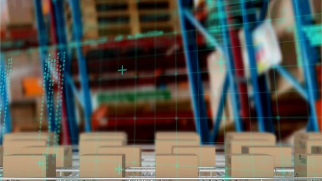 Animation of data processing over cardboard boxes on conveyor belts in warehouse