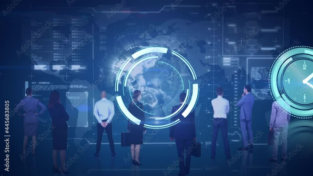 Poster animation of clock and scope, data processing on screen over business people