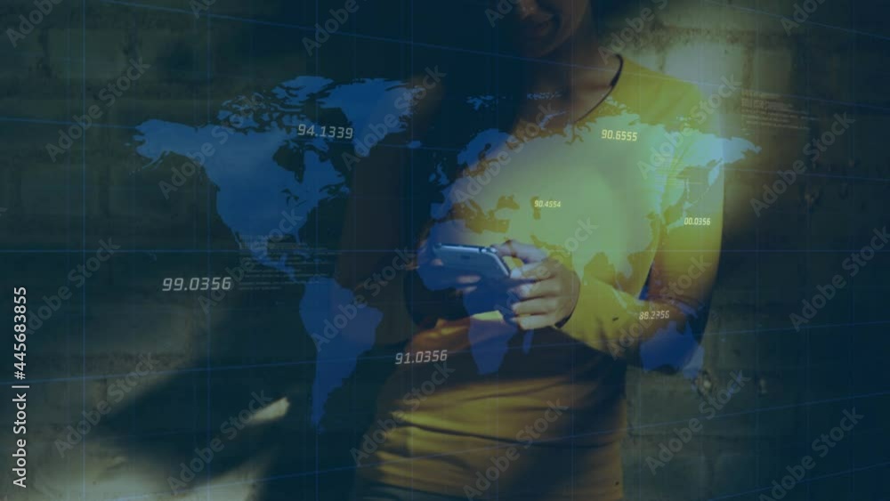 Poster multiple numbers floating over world map against caucasian woman using smartphone
