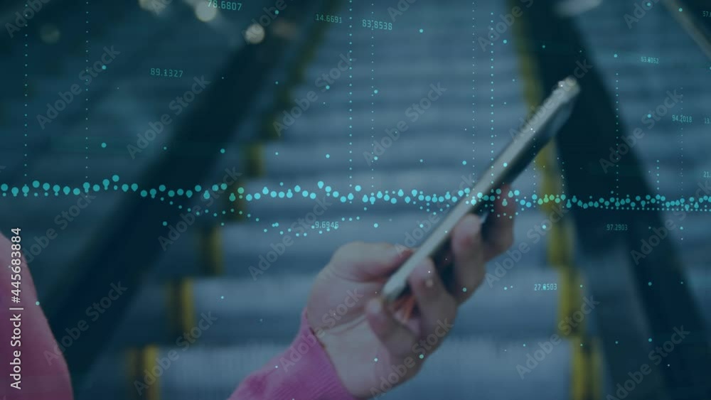 Poster multiple changing numbers and statistical graphs against close up of woman using smartphone
