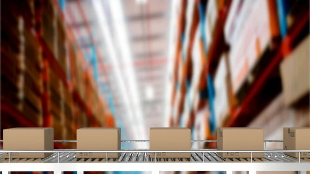 Animation of cardboard boxes on conveyor belt in warehouse
