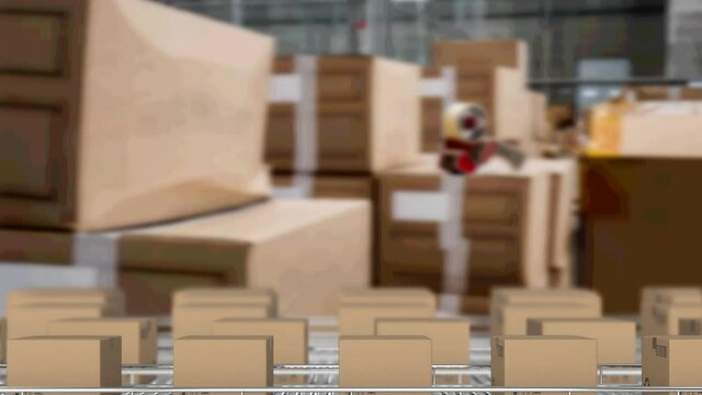 Animation of cardboard boxes on conveyor belts in warehouse