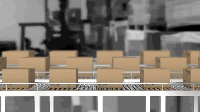 Animation of cardboard boxes moving on conveyor belts in warehouse