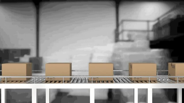 Animation of cardboard boxes moving on conveyor belt in warehouse