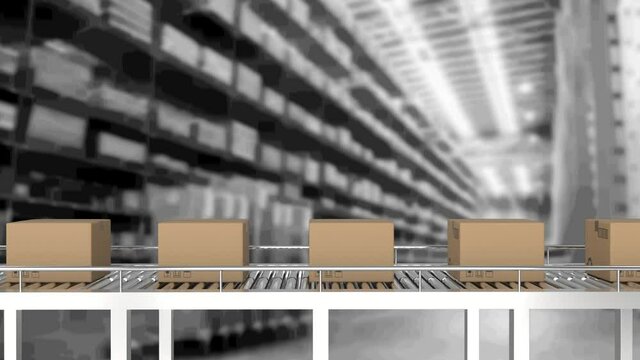 Animation of cardboard boxes moving on conveyor belt in warehouse