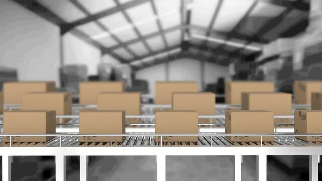 Animation of cardboard boxes moving on conveyor belts in warehouse