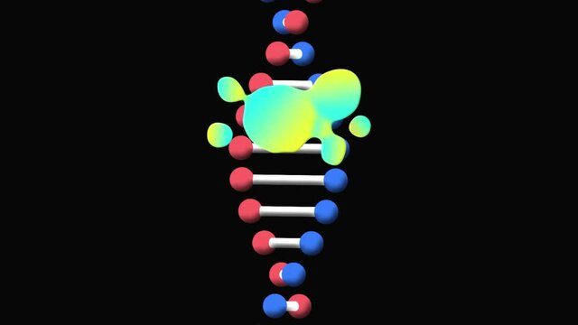 Animation of glowing blob over dna strand spinning on black background