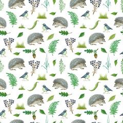 Watercolor seamless pattern with hedgehogs, birds, ferns and forest berries on black background 